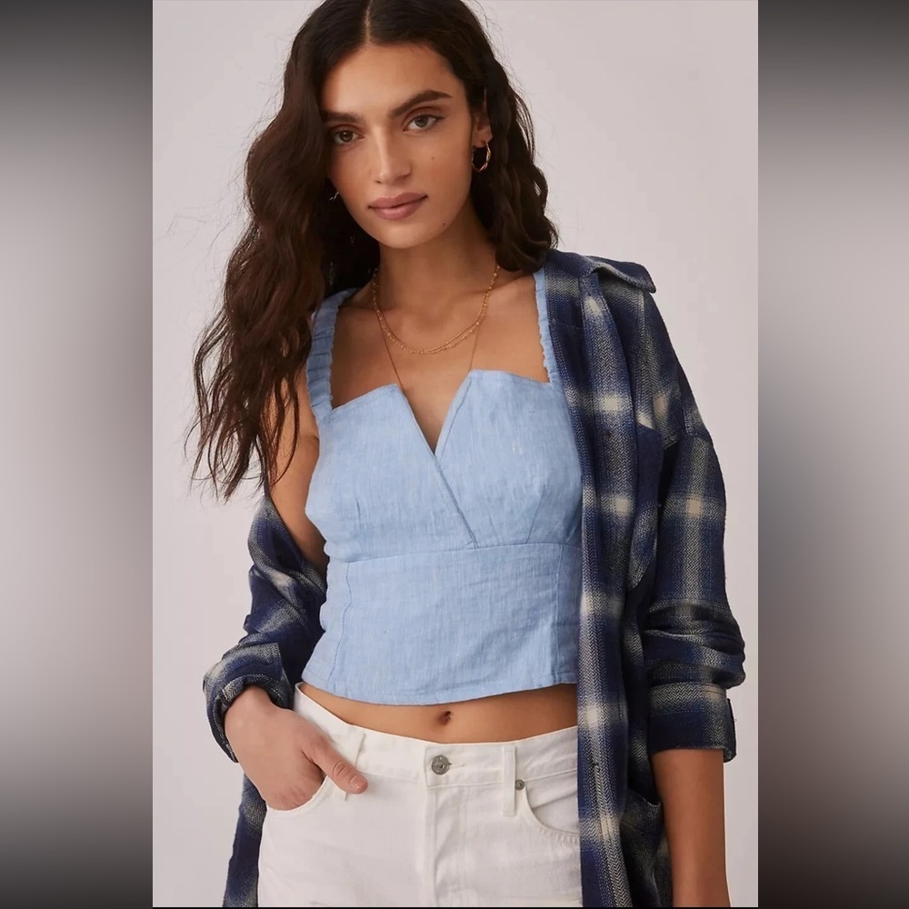 ‼️RARE‼️🎸ANTHROPOLOGIE🎸🔥NWT🔥Utility Linen Corset Top in Blue— S - Picture 2 of 14